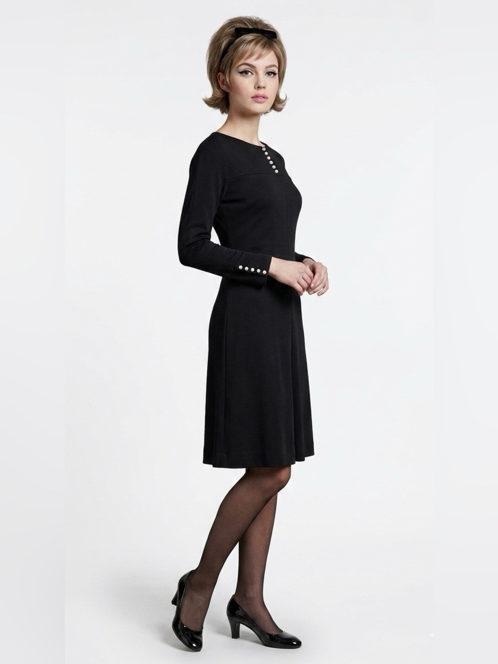 Vintage Mort Schrader Black Long Sleeve, Crystal Buttons Dress, Size 8